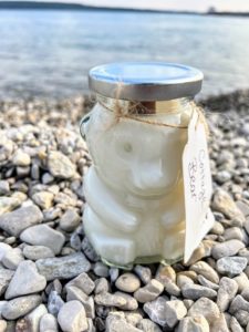 Cottage Bear candle on Lake Huron